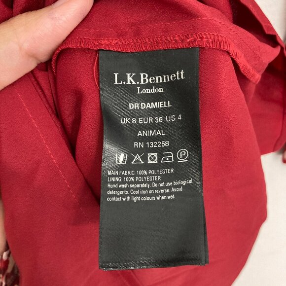 L.K.Bennett Red Burgundy Damiell Animal Print Round Neck Ruffle Hem Dress size 4 - Picture 10 of 14
